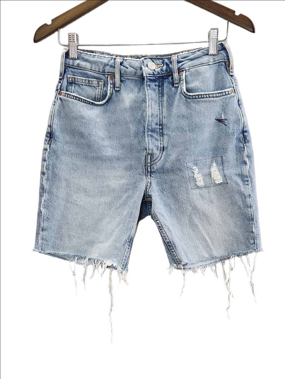 SCOTCH & SODA The Line high waist distressed raw hem denim bermuda shorts